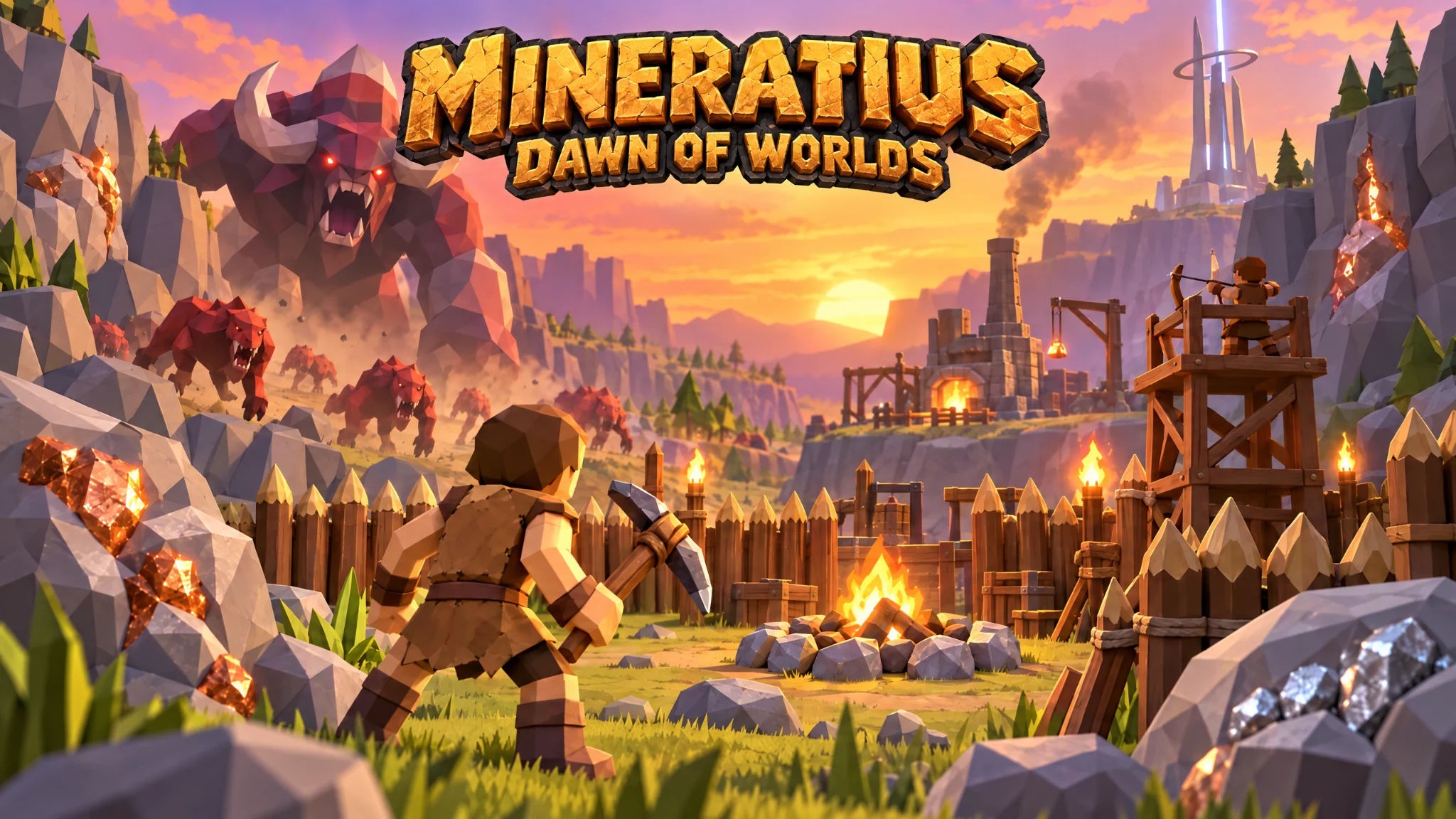 A hero defending a wooden palisade from a horde of monsters at sunset, beneath the Mineratius: Dawn of Worlds title